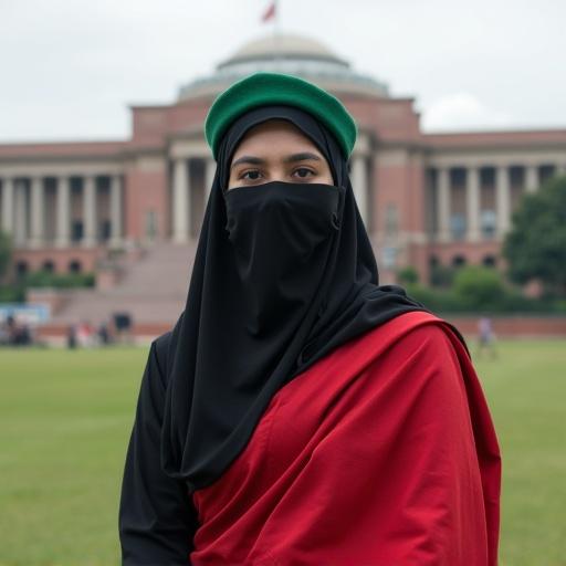 A girl standing in front of Bangladesh parliament. She is wearing a red saree, green cap, and black niqab.
