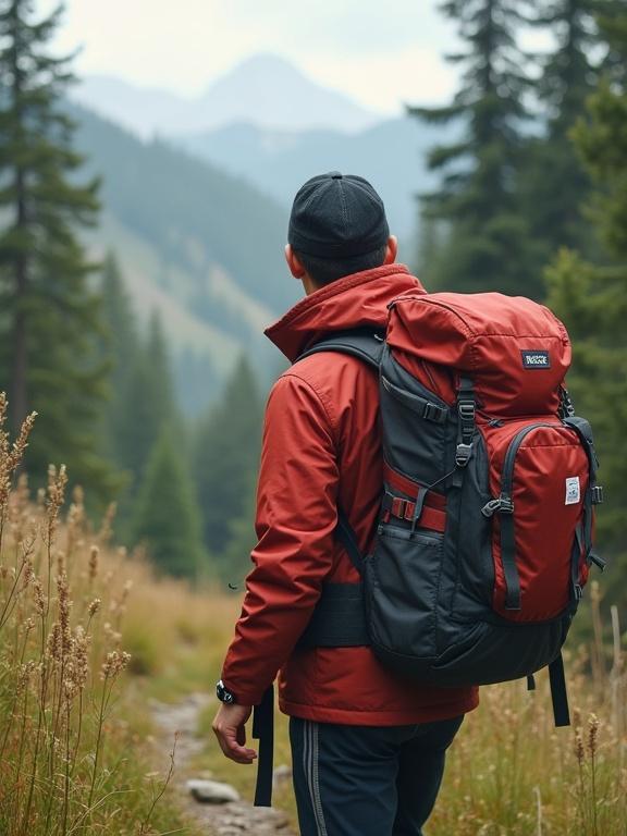 A hiker wearing a red jacket and a black-red backpack gazes towards the mountains in a forested area. Tall trees and grass frame the path and mountains in the background. Soft natural light illuminates the scene.