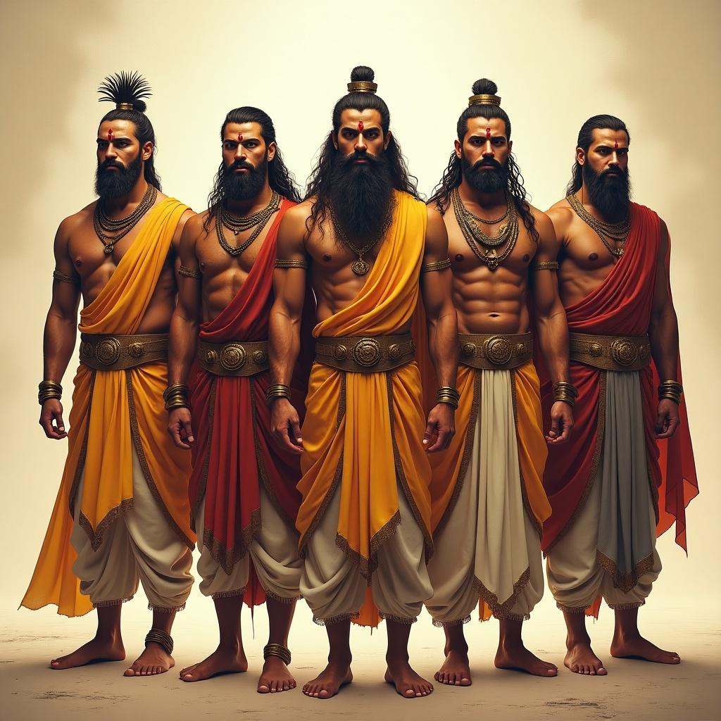 Image depicts a group of five individuals wearing traditional warrior attire representing the Pandavas from Hindu mythology during the Kaliyugam era. Each individual has distinct outfits in shades of orange and yellow, showcasing intricate details and accessories.