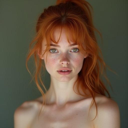 Close-up portrait of a young woman with copper hair and hazel-green eyes. She has a high ponytail and freckles on her face. Soft, natural lighting enhances her features. The background is muted, focusing attention on her face.