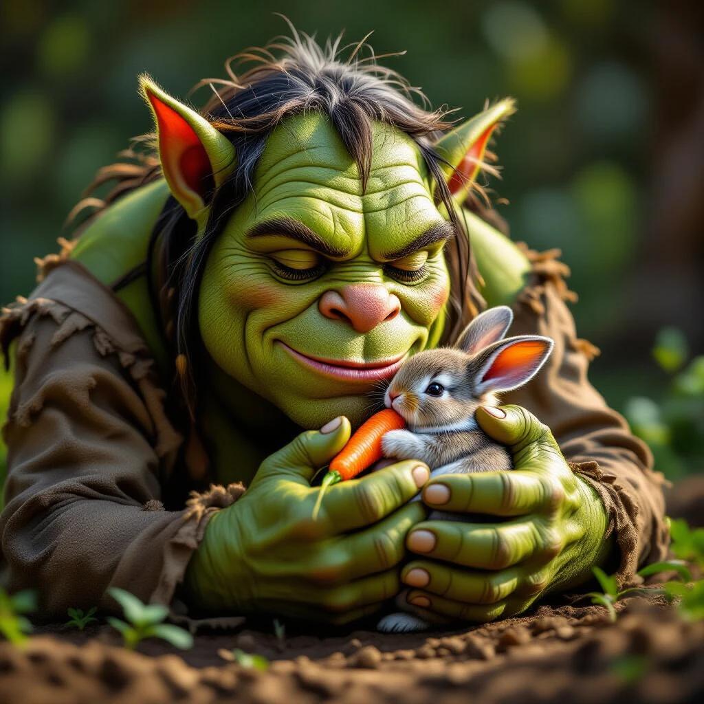 A kind-hearted ogre cradles a baby bunny while feeding it a carrot. The scene is warm and loving with vibrant dark colors. Captured in high definition as a professional wildlife photograph.