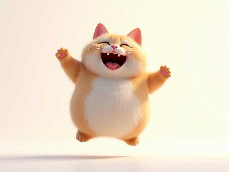3D illustration of a joyful fat cat jumping. Bright and clean white background. Inspired by Pixar and Disney style. Created using advanced 3D modeling techniques. High resolution image showcasing vibrant colors and playful expression.