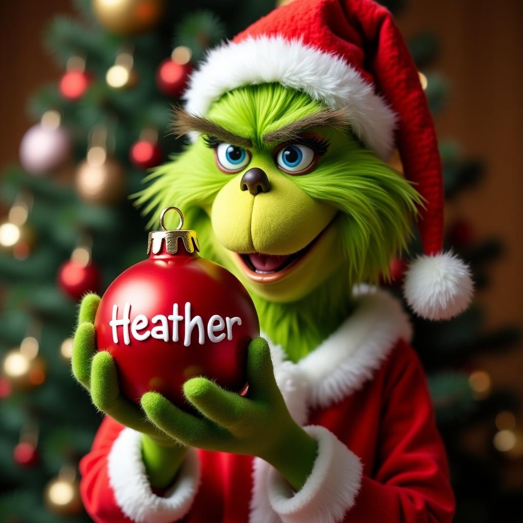 Grinch holds a red ornament with the name on it. Background features a Christmas tree. Grinch wears a Santa outfit.