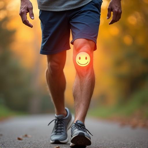 Elderly man walking outdoors with good posture. Comfortable walking shoes worn. Knee joint glowing with a smiley face illustration for joint health. Warm, soft background of nature or park trail. Symbol of recovery and positive energy. Medical highlight on knee area.