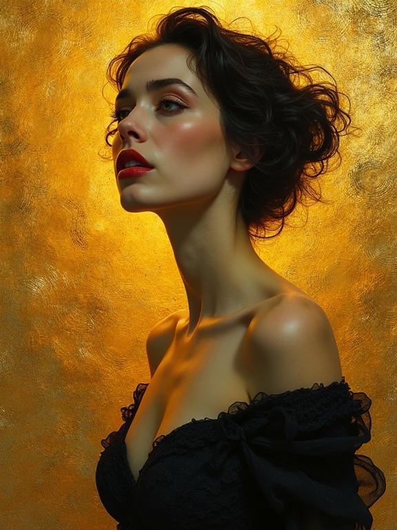 A glamorous portrait of a woman with curly hair in a black dress against a golden backdrop. The angle highlights the side profile of her face. The setting features a soft warm glow, creating an ethereal ambiance. She exudes elegance. The image is sharp and detailed.