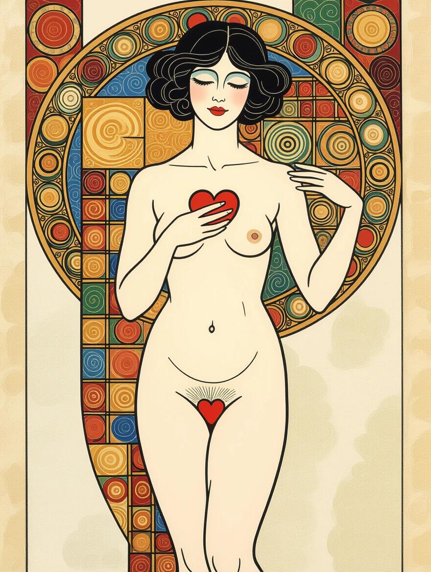 Image depicts a beautiful woman with a heart motif. The artwork features complementary colors, emphasizing aesthetics and form. The style is reminiscent of Klimt.