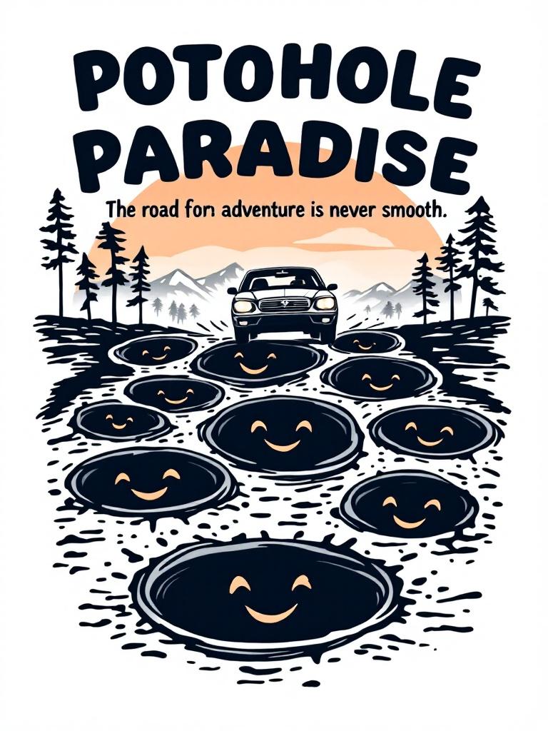 Design a T-shirt graphic featuring a car over smiling pothole faces. Include 'Pothole Paradise' text and a caption. Use vector art style on a white background.