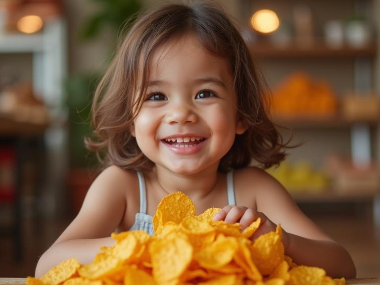 A joyful girl with brown hair sits at a table covered with potato chips. She smiles brightly, enjoying the moment. The background has warm colors, suggesting a cozy atmosphere. Her excitement for the chips is evident.