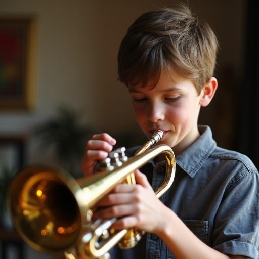 Boy playing a trumpet with a rubber mouthpiece