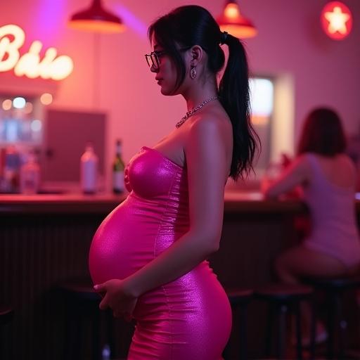 Casual photo showing a pregnant woman in a nightclub. The woman is in profile view. She has a huge baby bump. Dressed in a shiny pink strapless dress. Hair in pigtails. Wearing glasses. Background includes neon lights and bar elements.