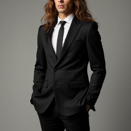 Model poses confidently in a fitted black suit. Long wavy hair falls naturally. Soft lighting enhances facial features and highlights the suit. Image conveys a professional and stylish appearance.