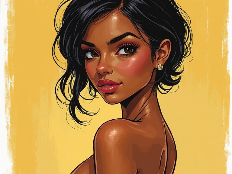 Stylized cartoon portrait of a starlet. Textured and ultra-sharp design. The character is standing and depicted in a colorful background. Visually striking masterpiece.