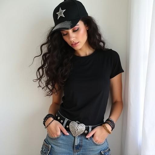 The image shows a young woman with long dark curls wearing a black baseball cap and looking down. She has a composed expression. She wears a black round-neck t-shirt and light-wash blue denim cargo pants. A black leather belt with a large silver heart-shaped buckle is visible. Multiple bracelets and a chunky ring adorn her wrists. The background is a plain white wall with a white curtain. The lighting is soft and even.