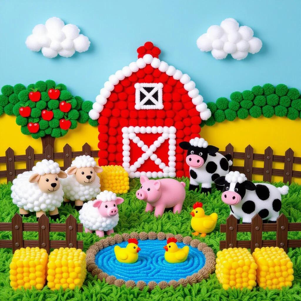 A pom pom art scene featuring a colorful barnyard. A red barn made of pom poms sits center. Fluffy white sheep, pink pigs, black spotted cows, and yellow chickens play around. There is a brown fence dividing the green grass. Yellow pom pom hay bales are scattered. Red fruit trees provide shade. A blue pond reflects clouds. This creates a textured and inviting miniature world.