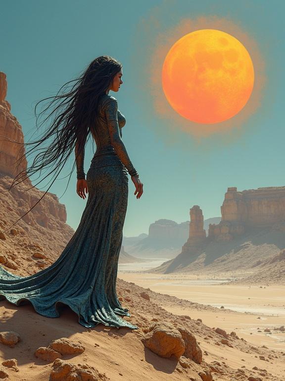 Metallic sirens with oxidized metal and burnished copper scales. They navigate through a desert of rusted tin. Gleaming sand whirlwinds wrap around ruined sculptures of classical columns. In the horizon, a purple sun merges with a rainbow of blue flames.