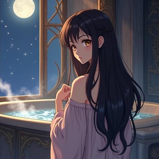Scene of a fantastical castle tower room with moonlight streaming through an open window. Princess Kim, with long hair, gentle expression, is in a loose nightgown. Preparing for her bath. A luxurious bath is partially visible, indicated by steam. Focus on the peaceful setting and her demeanor. Animation of hair untie and steam rising. Moonlight particles drift down.