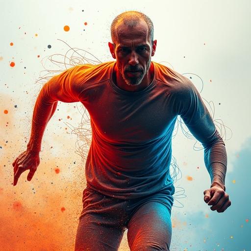 Portrait of a person running at high speed. Front view or slight three-quarter angle. Face and body constructed with parallel threads in various colors. Filaments follow the contours and volume of the human face. Threads positioned like 3D vector lines. Background shows threads flying backward in dynamic motion, symbolizing speed. Colors blend to emphasize emotional tension. Face expresses concentration.