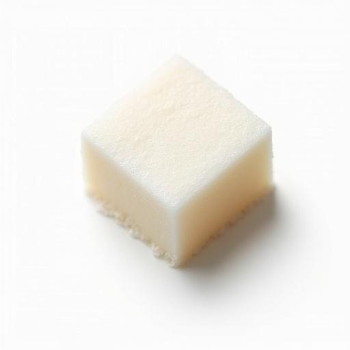 A lump sugar cube is placed on a white background. View from above. Simple and clean aesthetic.