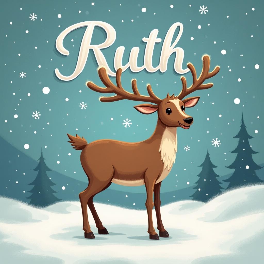 Christmas reindeer with the name Ruth in the sky. Scene decorated with snowflakes and winter backdrop.