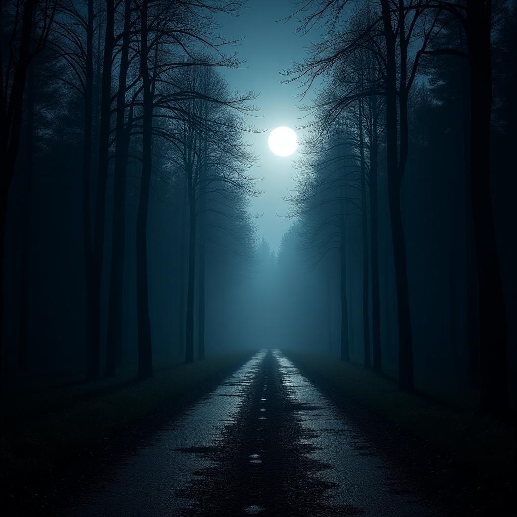 A dark, foggy road leading through a forest at night. The moon shines brightly in the sky, illuminating the scene.