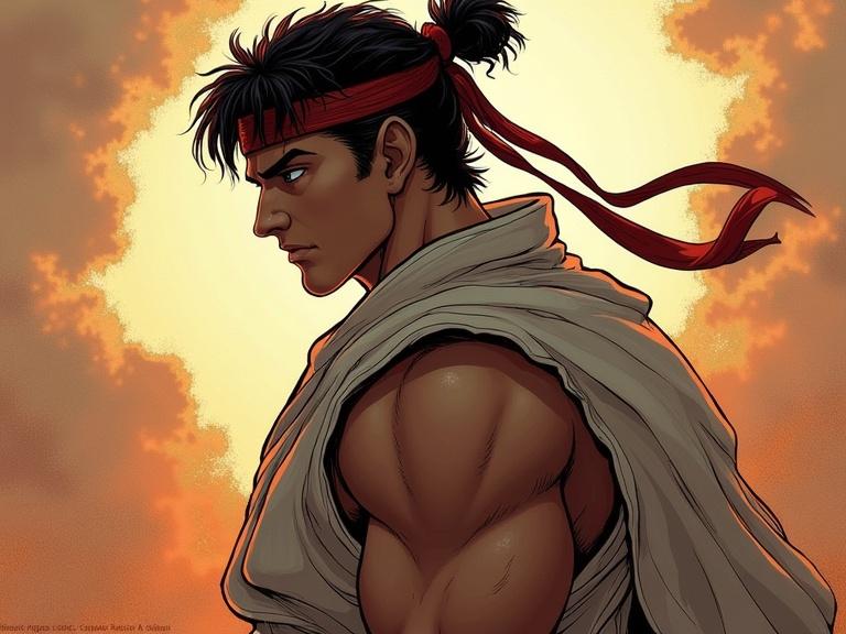 An anime character named Ryu from Street Fighter is depicted. Ryu is a strong martial artist with a focused expression. Background features a glowing ambient light. Ryu wears a white martial arts gi and a red headband. He focuses on self-improvement and protecting the world.
