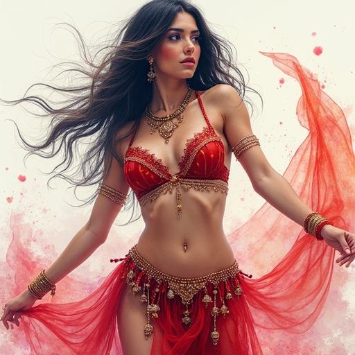 Portrait of a fantasy belly dancer. Watercolor painting style. Vivid colors in a manga illustration style. Character features traditional attire. Dance pose conveys grace and movement.