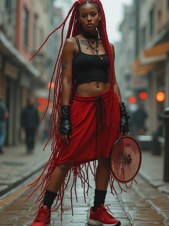 Girl with red and black braided hair wears a black top and red skirt. She holds a Thunderdome fan in her right hand. Styled with Nike Air Max shoes. Urban street setting in soft lighting.