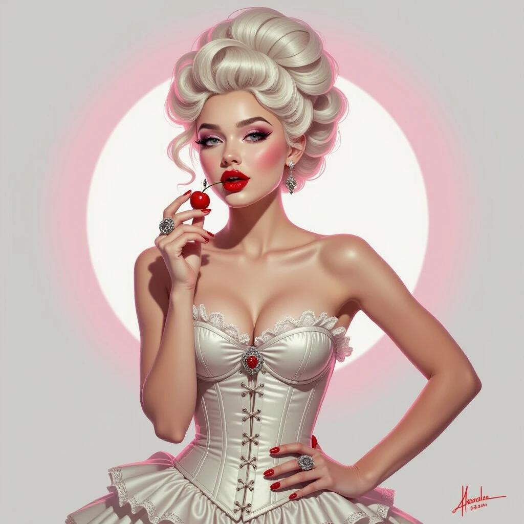 young woman with pale skin and platinum blonde hair styled in an elaborate updo. Wearing a cream-colored lace-trimmed corset. Holding a red cherry near her mouth with her right hand. Large ring on her right hand. Left hand on hip. Soft gradient background in pink and white. Bright lighting with no harsh shadows. Slightly low camera angle at eye-level. Composition follows the rule of thirds. Medium close-up with detailed textures visible.