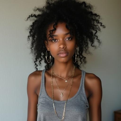 A young black woman with alternative style. She has messy updo curly black hair. She appears to be around 20 years old. Her body is fit with medium breasts. She wears a gray tank top and layered necklaces. Natural light emphasizes her modern streetwear style.