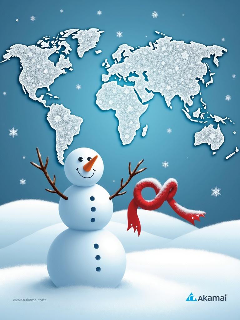 Holiday-themed corporate card. Snowman stands in snowy landscape. Background features a world map made of snowflakes. Card shows messages of peace and joy while connecting people globally.