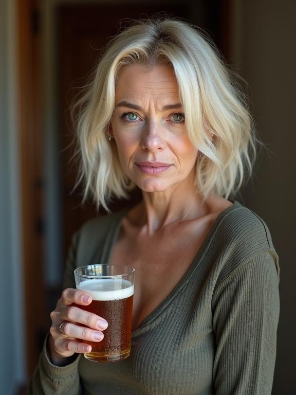 Mature woman with bleached blonde hair styled in a bob. Tired eyes and wrinkled face showing experience. Short but curvy figure. Holding a beer in a glass. Standing in front of an apartment door. Russian aesthetic.