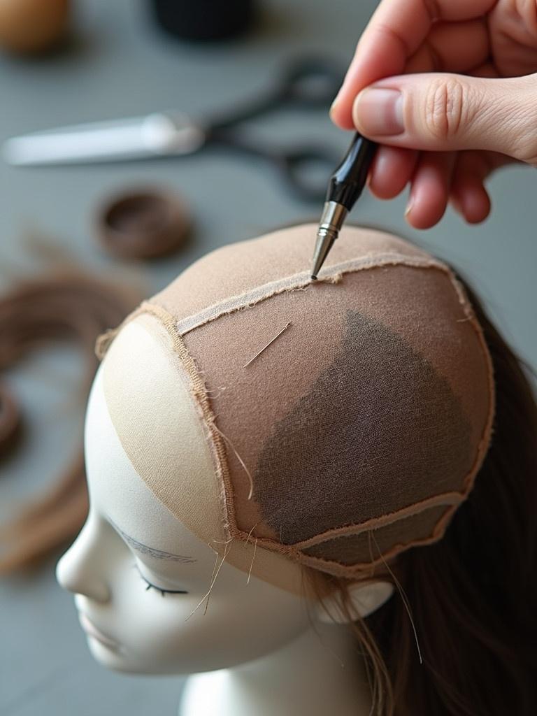 Detailed close-up of ventilating needle inserting hair strands into lace wig. Lace base is transparent stretched over wig block. Professional tools like scissors and combs are in background. Captures meticulous wig restoration process under soft lighting.