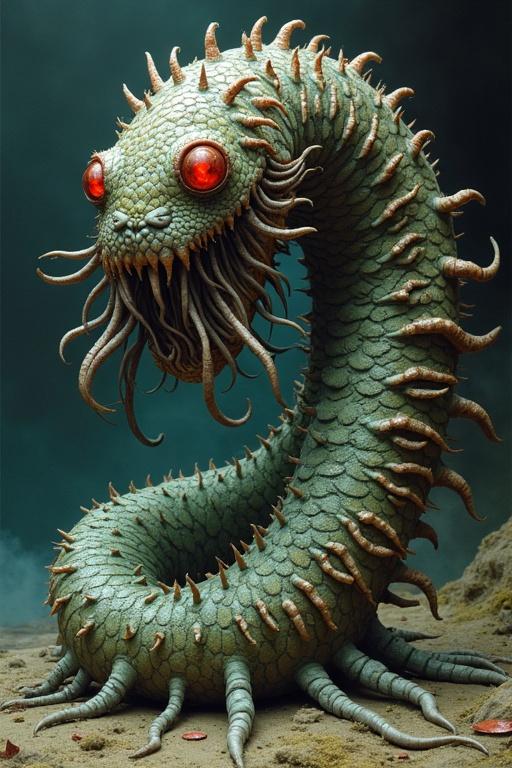 Worm-like creature covered with scaly green texture. Huge toothy mouth surrounded by tentacles. Red eyes bead-like located along the body in multiple rows. Dark mysterious background reflecting a fantasy style.