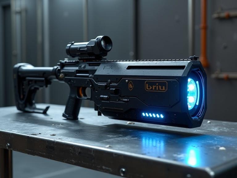 Create an image of a sci-fi realistic bulky energy grenade launcher on a silver metal table in a dark grey metal room. The launcher is black with a blue LED display and a glowing silver cartridge. The scene includes details like shadows and reflections from a spotlight above.