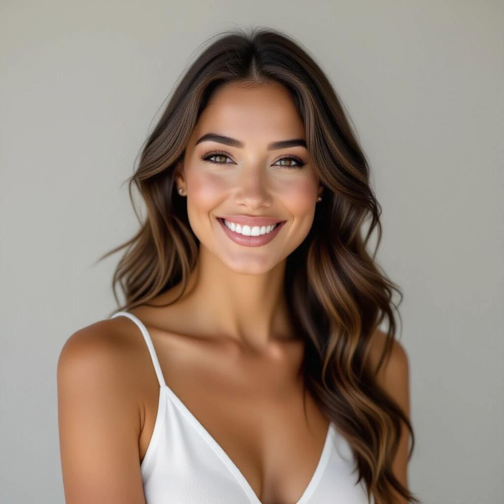 Portrait of an adult Brazilian woman with long brown hair and a warm smile. She wears a white top against a light background. Natural beauty is highlighted.