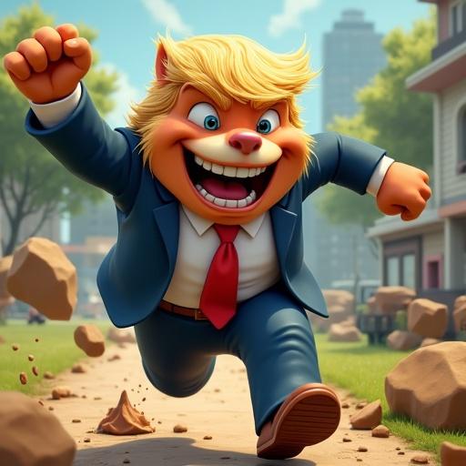 Cartoon style character resembling a raccoon in a suit runs energetically through a playful setting. The character smiles widely with exaggerated expressions. The scene conveys humor and light-heartedness.