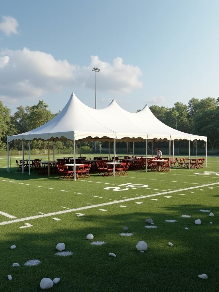 A 60 by 120 feet tent located on a football field. The tent features seating arrangements underneath. There are 10 round tables with chairs placed outside the tent.