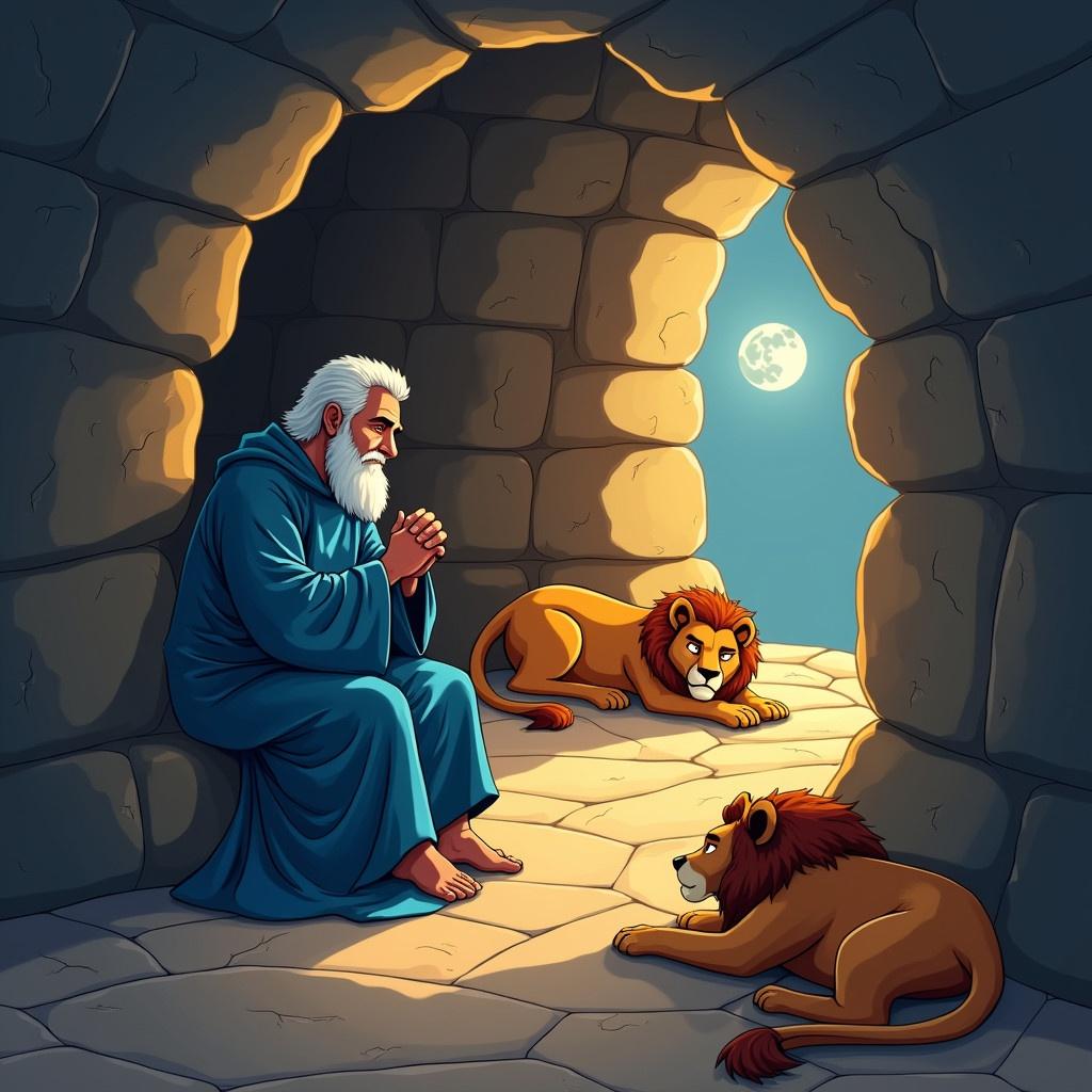 Cartoon illustration of Daniel in the lion's den. Old man in blue robes sits in prayer. Two lions rest nearby with closed eyes. Soft moonlight shines through a crack.