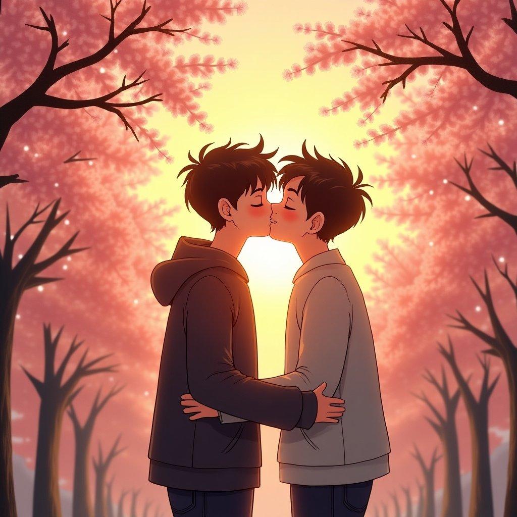 A sunset scene featuring two teenage boys kissing. Background consists of soft trees with falling leaves. The overall mood is warm and romantic.