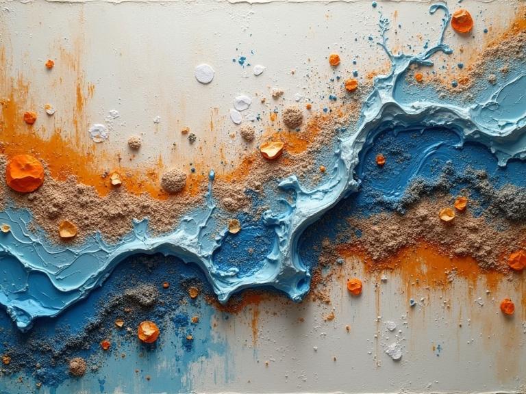 Abstract representation of ocean waves in vibrant colors. Thick textured layers include sand and collaged elements. Bright colors contrast against soft tones. Close-up view reveals texture and detail.