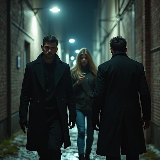 Two male mercenaries in dark coats stand in an urban alley. A blonde woman is between them. The setting is gritty and low-lit. The characters display determination. The scene is at night. They are following a crime lord.