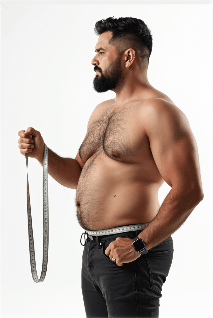 A shirtless man with a beard measures his waist with a tape measure, displaying a thoughtful expression.