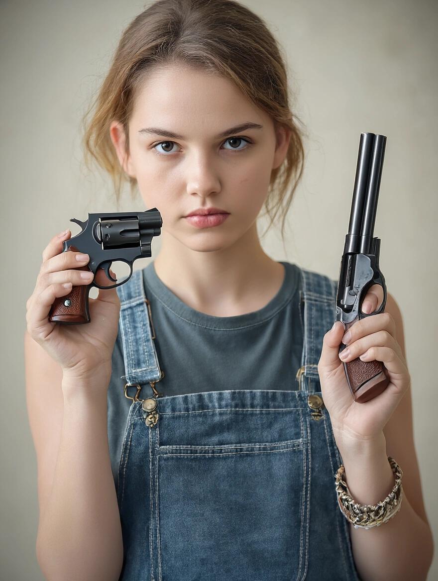 Mujer joven sosteniendo dos revólveres en una pose seria. Ella viste un overol de mezclilla y camiseta. Fondo neutro y suave. Énfasis en las armas y expresión.