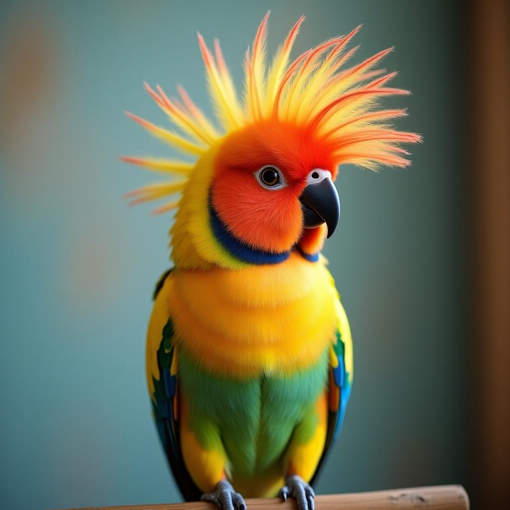 A piripiri bird displaying an extravagant hairstyle with vibrant colors in a soft-lit environment.