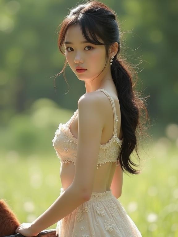 A young lady with fair skin in cream attire adorned with pearls. Full figure captured while riding a horse outdoors. Soft green scenery with sparkles in the light. Hair styled in a low ponytail with hairpin. High heels and fashionable clothes create a fairyland vibe.