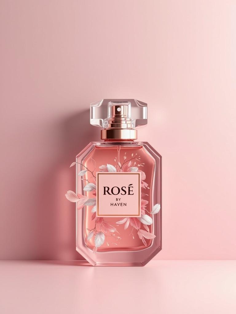 Design of women's perfume packaging showcases elegance and beauty. The bottle is labeled with 'ROSÉ BY HAVEN' on a soft pink background. Elegant floral motifs adorn the glass bottle.