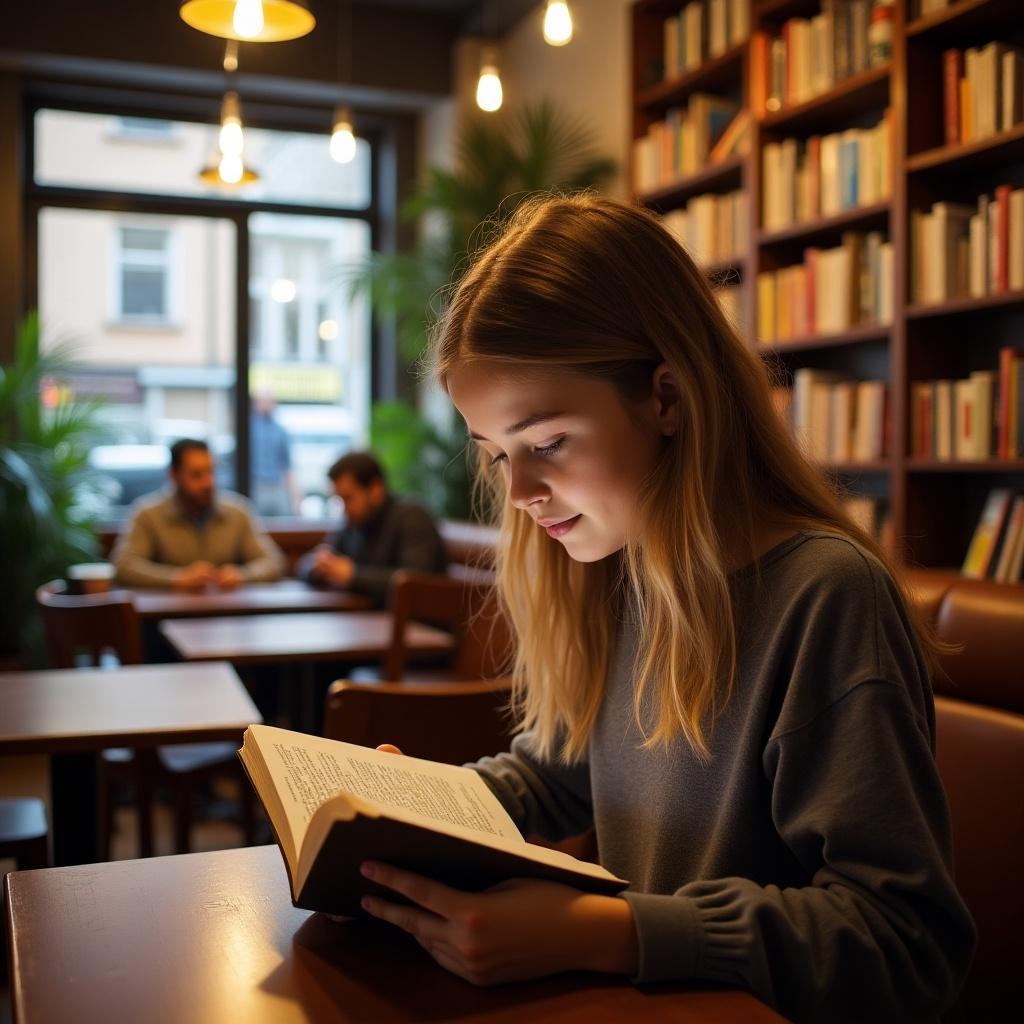 Girl in a cafe shop engaged in reading a book. Cozy atmosphere in the background with bookshelves and fellow readers present.