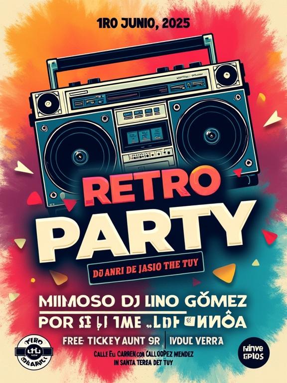 Colorful promotional poster for a Retro Party on 1ro Junio 2025. Vintage boombox design at top. DJs Mimoso DJ Lino Gómez and VDJ Raul Sanabria featured. Ticket price $3. Venue is Club SOLAR DEL TUY in Santa Teresa del Tuy.