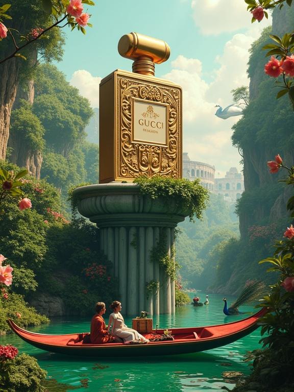 Hyperrealistic 3D illustration of a monumental Gucci fragrance bottle with intricate golden baroque patterns on a marble pedestal in a lush green jungle with oversized exotic flowers. Vines and orchids wrap around the base. Elegant figures in a velvet gondola sailing through an emerald river adorned with floating florals. A surreal Colosseum and peacocks in the distance. Magical and luxurious atmosphere, 8K resolution, high detail.