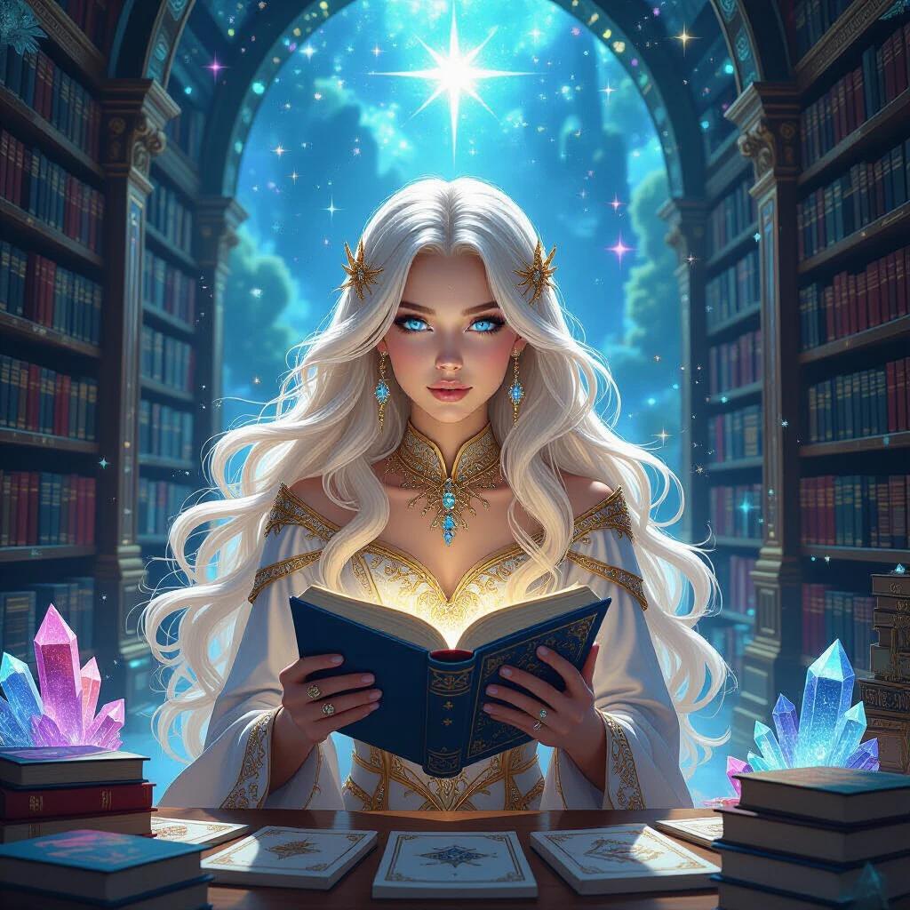 Celestial librarian surrounded by cosmic books and crystals in a vast library. Beautiful flowing blonde hair with deep blue eyes sparkling like galaxies. Transparent purple lace details and glowing crystals create a vibrant fantasy atmosphere. Enchanted ambiance with intricate galactic patterns. She embodies ethereal beauty and cosmic mystery.